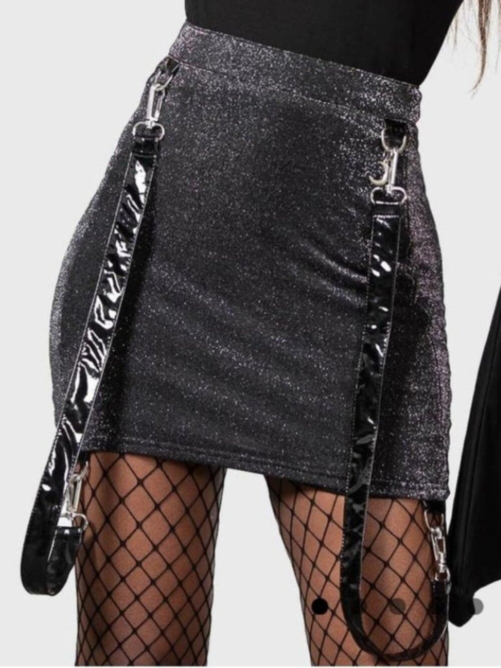 Killstar Carmilla Mini Metallic Black & Silver Skirt w/ Straps Goth Punk Club XL